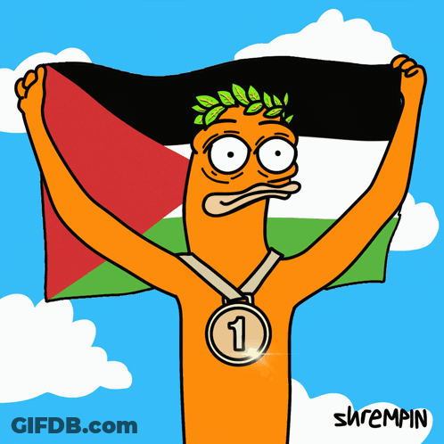 A Cartoon Of A Man Holding A Flag With A Medal Around His Neck With The Number 3 On It GIF