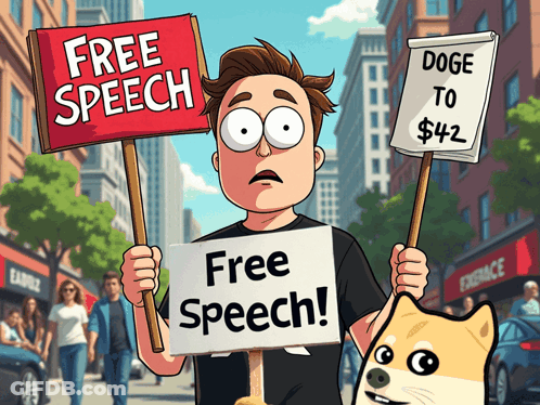 A Cartoon Of A Man Holding A Free Speech Sign GIF