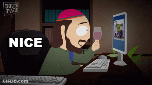 A Cartoon Of A Man Holding A Glass Of Wine In Front Of A Computer Screen That Says " Nice " GIF