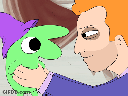A Cartoon Of A Man Holding A Green Monster With A Purple Hat GIF