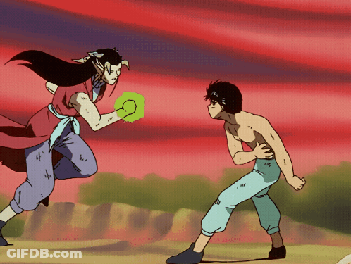 A Cartoon Of A Man Holding A Green Object And Another Man Standing Next To Him GIF