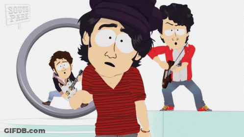 A Cartoon Of A Man Holding A Guitar With A Sign That Says South Park Behind Him GIF