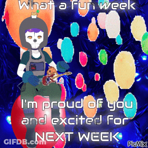 A Cartoon Of A Man Holding A Guitar With The Words " What A Fun Week " On The Bottom GIF