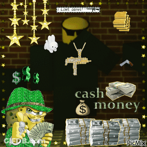 A Cartoon Of A Man Holding A Gun And A Bag Of Money With The Words Cash Money On It GIF