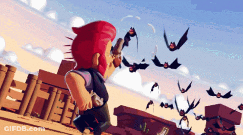 A Cartoon Of A Man Holding A Gun And Bats Flying In The Background GIF