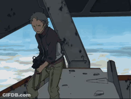A Cartoon Of A Man Holding A Gun And Looking Out A Window GIF