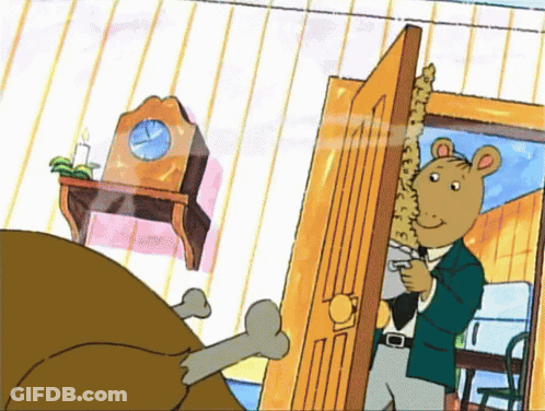 A Cartoon Of A Man Holding A Gun In Front Of A Door With A Clock In The Background GIF