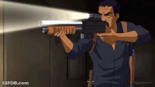 A Cartoon Of A Man Holding A Gun With A Flashlight And The Word Eeskaamt On The Bottom Right GIF