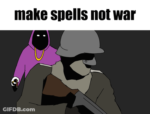 A Cartoon Of A Man Holding A Gun With The Words Make Spells Not War Above Him GIF