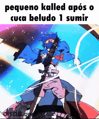 A Cartoon Of A Man Holding A Gun With The Words Pequeno Kalled Após O Cuca Beludo 1 Sumir Below GIF