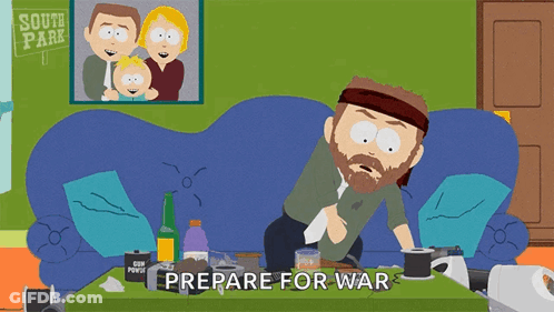 A Cartoon Of A Man Holding A Gun With The Words Prepare For War Above Him GIF