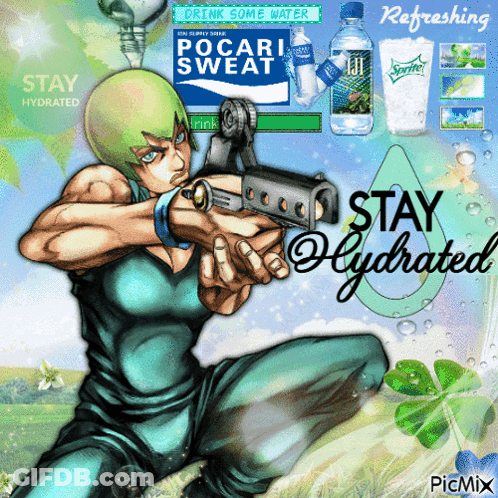 A Cartoon Of A Man Holding A Gun With The Words " Stay Hydrated " On The Bottom GIF