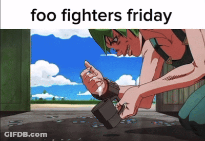 A Cartoon Of A Man Holding A Hammer With The Words Foo Fighters Friday Above Him GIF