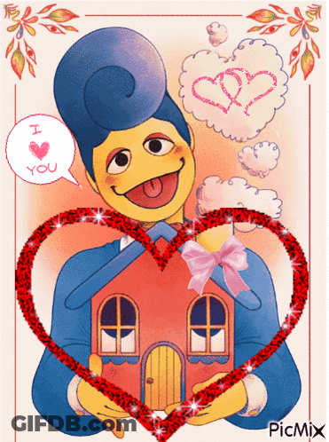 A Cartoon Of A Man Holding A Heart Shaped House With A Pink Bow GIF