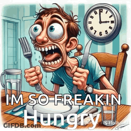 A Cartoon Of A Man Holding A Knife And Fork With The Caption I 'M So Freaking Hungry GIF