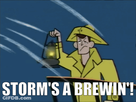 A Cartoon Of A Man Holding A Lantern With The Words Storm 'S A Brewin ' GIF