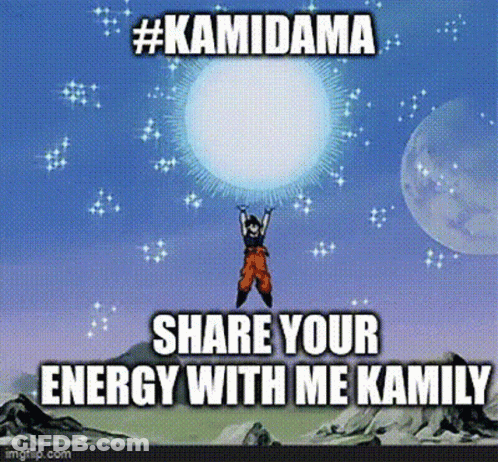 A Cartoon Of A Man Holding A Large Ball With The Words `` Kamidama Share Your Energy With Me Kamily '' . GIF