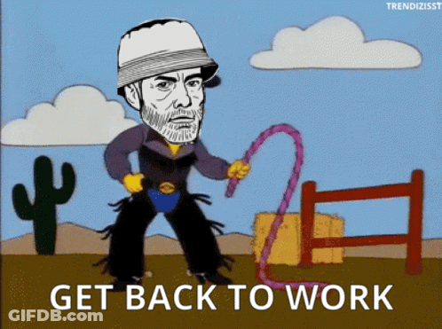 A Cartoon Of A Man Holding A Lasso And The Words Get Back To Work GIF