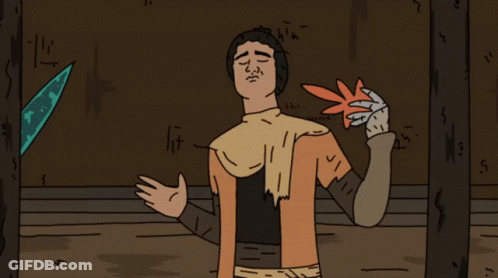 A Cartoon Of A Man Holding A Leaf With A Knife In The Background GIF
