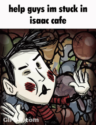 A Cartoon Of A Man Holding A Lollipop With The Words Help Guys Im Stuck In Isaac Cafe GIF