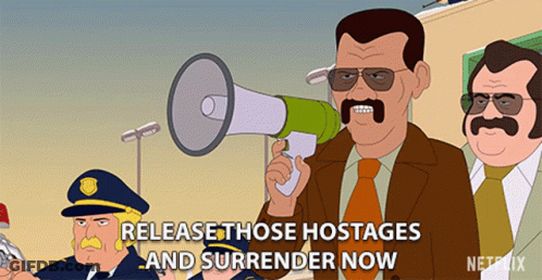 A Cartoon Of A Man Holding A Megaphone With The Words Release Those Hostages And Surrender Now GIF