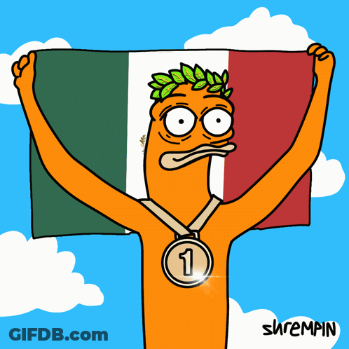 A Cartoon Of A Man Holding A Mexican Flag And Wearing A Medal With The Number 1 On It GIF