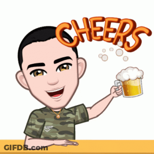 A Cartoon Of A Man Holding A Mug Of Beer With The Words Cheers Written Above Him GIF