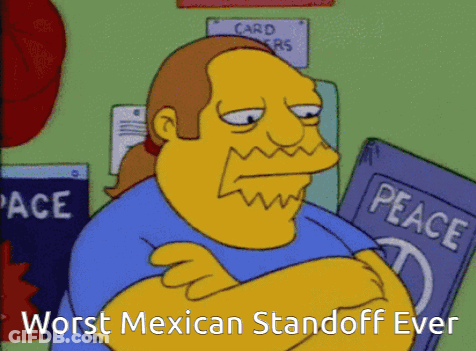 A Cartoon Of A Man Holding A Peace Sign Says Worst Mexican Standoff Ever GIF