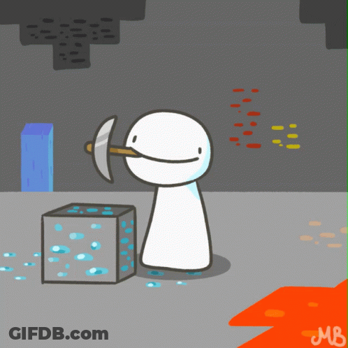 A Cartoon Of A Man Holding A Pickaxe Next To A Block With The Letters Mb On The Bottom GIF