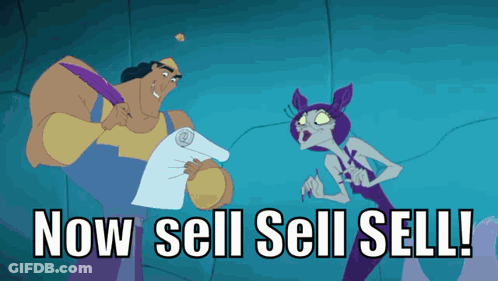 A Cartoon Of A Man Holding A Piece Of Paper Next To A Purple Monster That Says Now Sell Sell Sell GIF