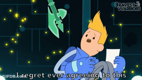 A Cartoon Of A Man Holding A Piece Of Paper With The Words I Regret Ever Agreeing To This GIF