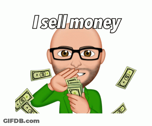A Cartoon Of A Man Holding A Pile Of Money With The Words I Sell Money Above Him GIF