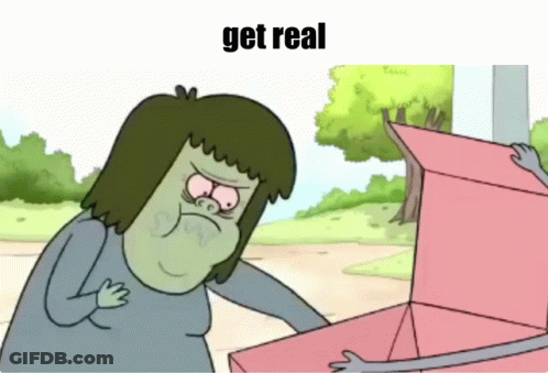 A Cartoon Of A Man Holding A Pink Box With The Caption Get Real GIF