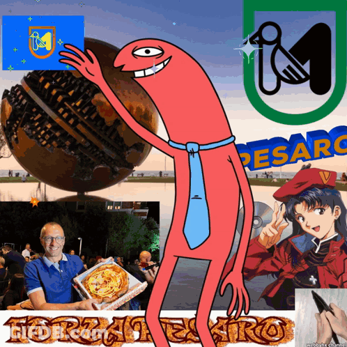 A Cartoon Of A Man Holding A Pizza Box With The Word Pesaro In The Corner GIF