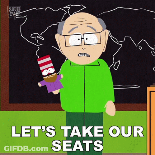 A Cartoon Of A Man Holding A Puppet With The Words Let 'S Take Our Seats Below Him GIF