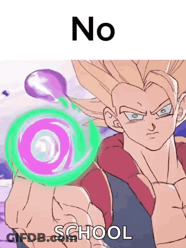 A Cartoon Of A Man Holding A Purple And Green Circle With The Words No School Below It GIF