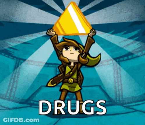 A Cartoon Of A Man Holding A Pyramid With The Words Drugs Below Him GIF