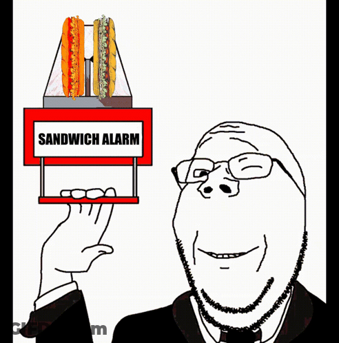 A Cartoon Of A Man Holding A Red Sign That Says Sandwich Alarm GIF