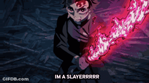 A Cartoon Of A Man Holding A Red Sword With The Words Im A Slayerrrr GIF