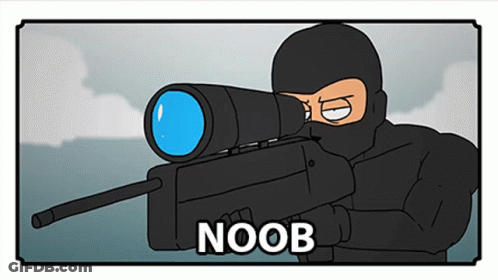 A Cartoon Of A Man Holding A Rifle With The Word Noob Below It GIF