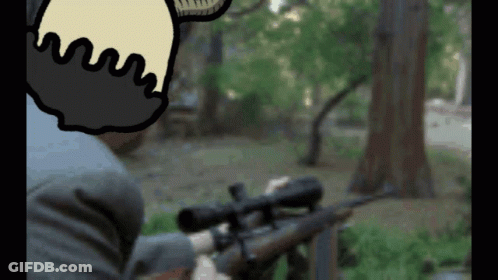 A Cartoon Of A Man Holding A Sniper Rifle In A Forest GIF