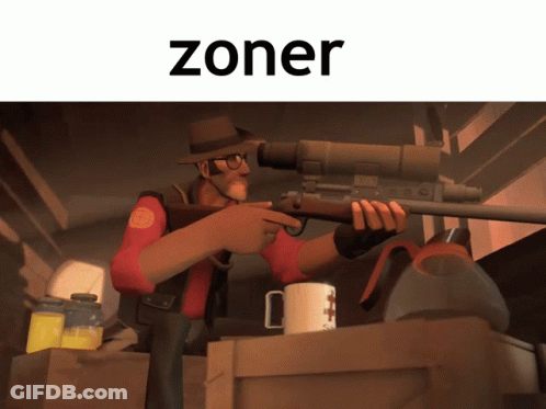 A Cartoon Of A Man Holding A Sniper Rifle With The Word Zoner Written Above Him GIF