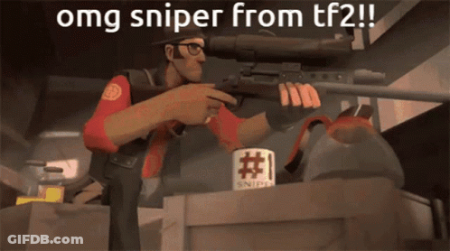 A Cartoon Of A Man Holding A Sniper Rifle With The Words OMG Sniper From Tf2 Below Him GIF