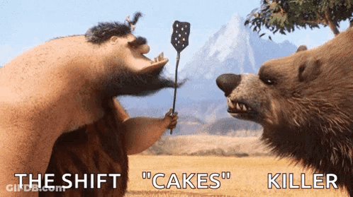 A Cartoon Of A Man Holding A Spatula With The Words " The Shift " Cakes " And " Killer " Written Below It GIF