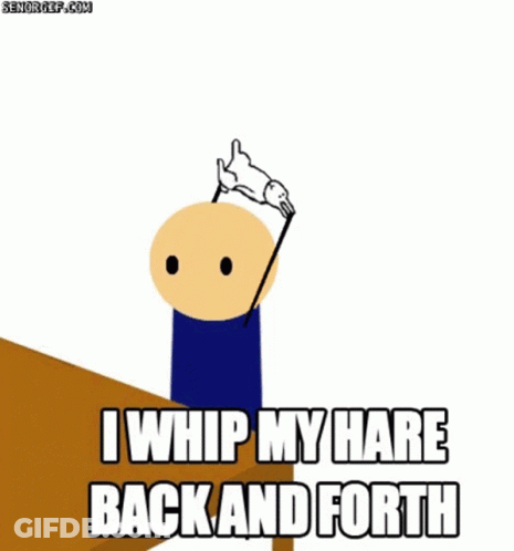 A Cartoon Of A Man Holding A Stick And Saying I Whip My Hare Back And Forth . GIF