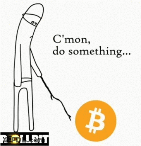 A Cartoon Of A Man Holding A Stick Next To A Bitcoin Sign That Says C ' Mon Do Something GIF