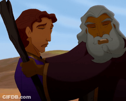 A Cartoon Of A Man Holding A Stick Next To A Man With A Beard GIF