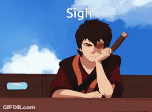 A Cartoon Of A Man Holding A Stick With The Word Sigh Above Him GIF