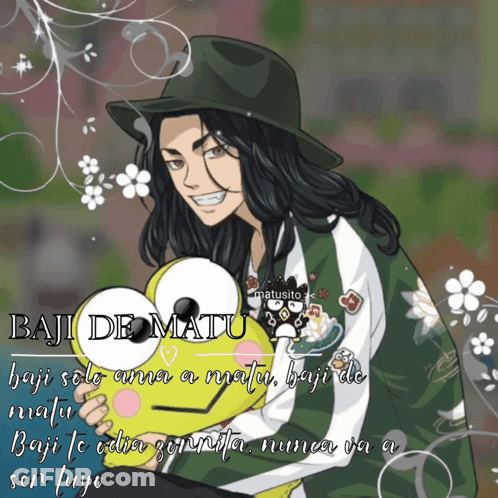 A Cartoon Of A Man Holding A Stuffed Animal That Says " Baji De Matu " On The Bottom GIF