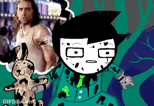 A Cartoon Of A Man Holding A Stuffed Animal With A Green Frog On It GIF